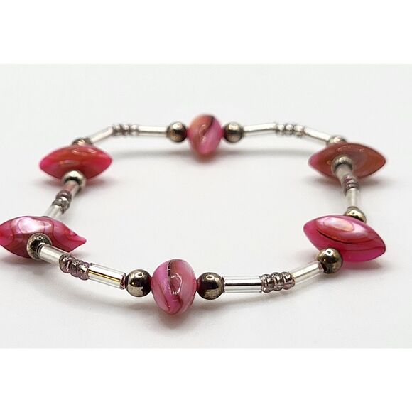 Pink Mother of Pearl Abalone Silver Beaded Bracelet 5.5in - Picture 1 of 2